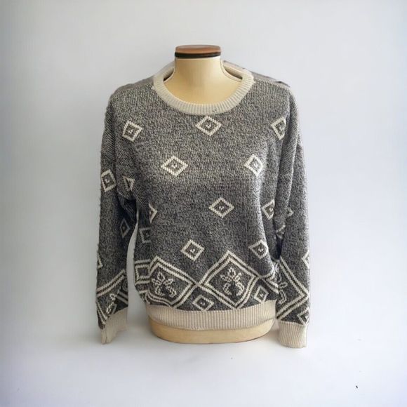 Vtg Fast Turn Knit Sweater MEDIUM Long Sleeve Gray White Diamonds - READ - Picture 1 of 11